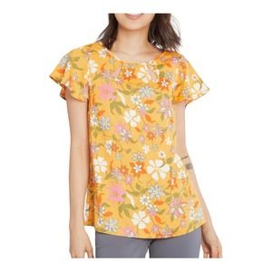 ModCloth Cutwork Flutter Sleeve Yellow Floral Tunic Office Casual Weekend Top 1X